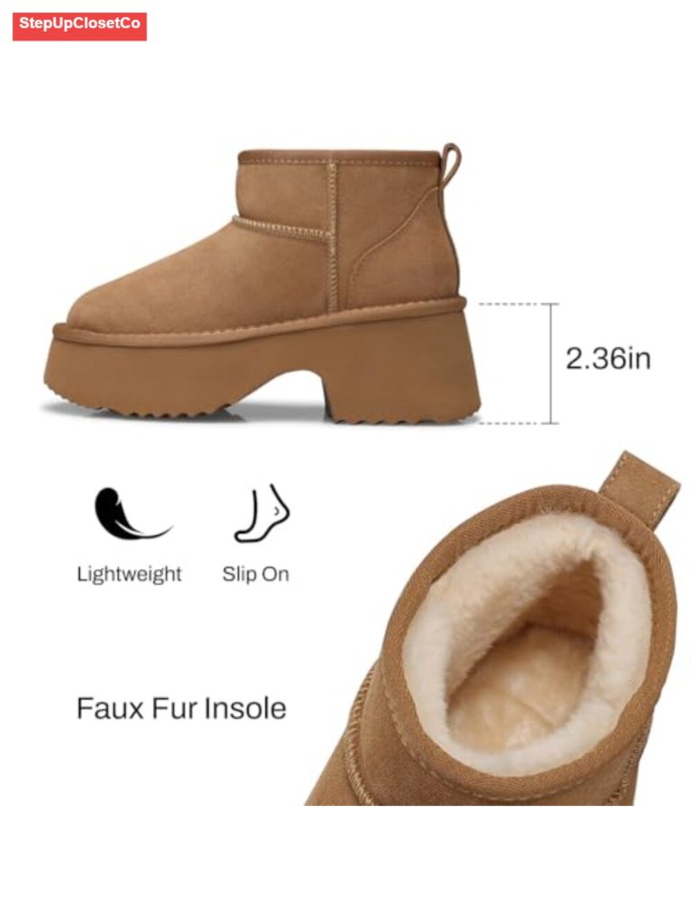 Womens Genuine Suede Leather Ankle Snow Boots Platform Faux Fur Lined - Picture 3 of 6